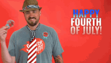 a man wearing a hat and tie holds a pair of sunglasses in front of a happy fourth of july sign