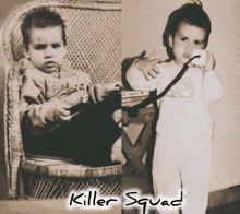 a black and white photo of a child with the words killer squad written on the bottom