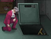 a man in a red suit is kneeling down next to a girl in a red and white outfit