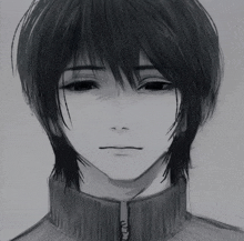 a black and white drawing of a person 's face with black eyes