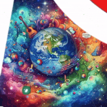 a colorful painting of the earth surrounded by music notes and a piano