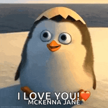 a penguin with a heart and the words i love you mckenna jane