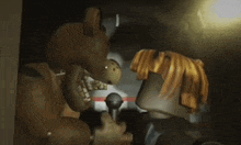 a cartoon character is singing into a microphone while a teddy bear looks on .