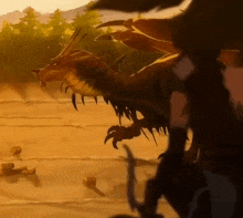 a painting of a dragon flying over a desert