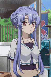 a girl with purple hair is standing in front of a sign that says ice