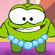 a green cartoon character is wearing a blue pearl necklace