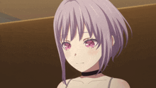a girl with purple hair and pink eyes is wearing a choker around her neck