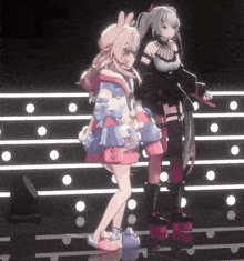 two anime girls are standing next to each other on a stage with lights