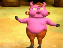 a pink cartoon character with horns and a big belly