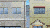 a robot is standing in front of a building in a cartoon scene