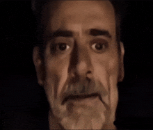 a close up of a man 's face with a beard and mustache