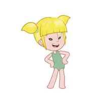 a cartoon girl with blonde hair wearing a green polka dot bathing suit