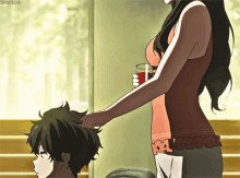 a woman is petting a boy 's head with shiroyasha written on the bottom right