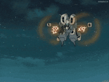 a cartoon of a robot flying through space with missiles coming out of it 's mouth