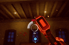 a screenshot of a video game shows a red target with 2s written on it