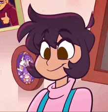 a cartoon drawing of a girl in a pink sweater and blue suspenders