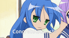 a cartoon girl with blue hair and green eyes is congratulating another girl