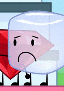 a cartoon character with a sad face is in a container