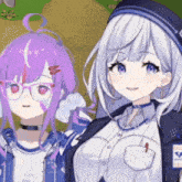 two anime girls with purple hair and white hair are standing next to each other in a video game .