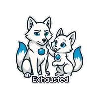 a sticker of two white foxes with the word exhausted on the bottom