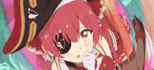 a girl with red hair is wearing a pirate hat and eyepatch