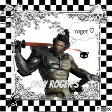 a picture of a man holding a sword with the name john rogers on the bottom