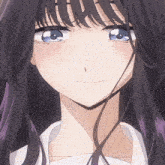 a girl with purple hair and blue eyes is smiling