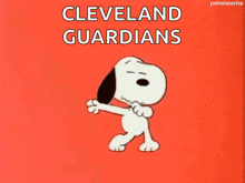 a cartoon of snoopy dancing with the words cleveland guardians