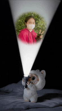 a woman wearing a mask is being projected onto a stuffed animal
