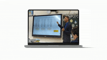 a laptop screen shows a man giving a presentation to a group of students
