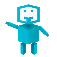a blue robot with a white smiley face on its head