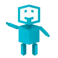 a blue robot with a white smiley face on its head