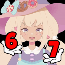 a girl in a purple hat holds up the number 6 and 7 in her hands