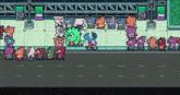 a group of cartoon characters are standing on a street in front of a building