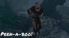 a man in a video game with the words peen-a-boo above him