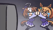 a couple of anime characters are standing next to each other and fighting .