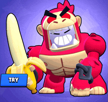 a red gorilla holding a banana and a sword with a try button below him