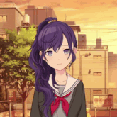 a girl with purple hair and blue eyes is standing in front of a building