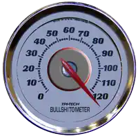 a tphtech bullshitometer with a red arrow pointing to 120