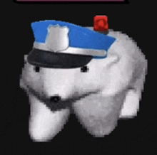 a polar bear wearing a police hat with a red light on it .