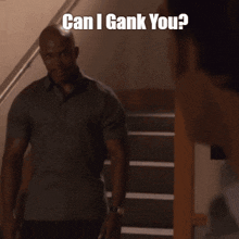 a bald man with the words can i gank you written on his face