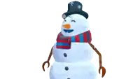a snowman wearing a top hat and scarf smiles