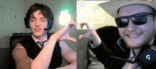 two men wearing headphones and sunglasses are making a heart with their hands .