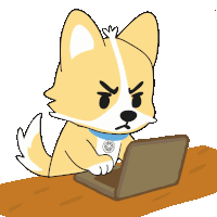 a cartoon of a dog using a laptop with an angry face