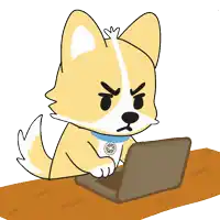 a cartoon of a dog using a laptop with an angry face