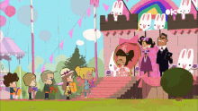 a group of cartoon characters standing in front of a castle with a sign that says ok on it