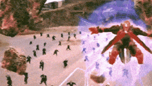 a robot is flying through the air in front of a crowd of people