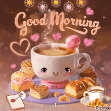 a cup of coffee with a face on it is surrounded by croissants and pastries and says good morning .