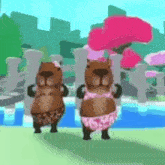 two capybaras wearing bikinis are standing next to each other in front of a pool .