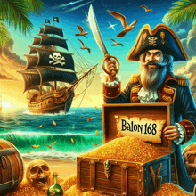 an illustration of a pirate holding a sword and a treasure chest labeled balon 168